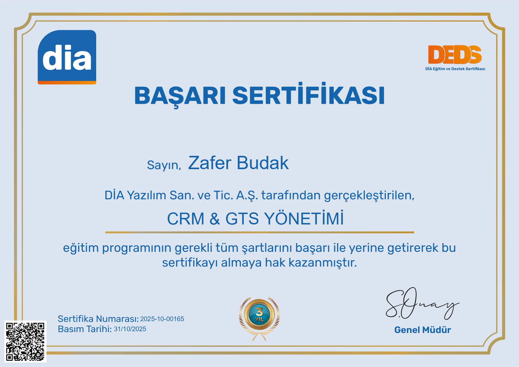 Dia Yazılım Çözüm Ortağı Sertifikası